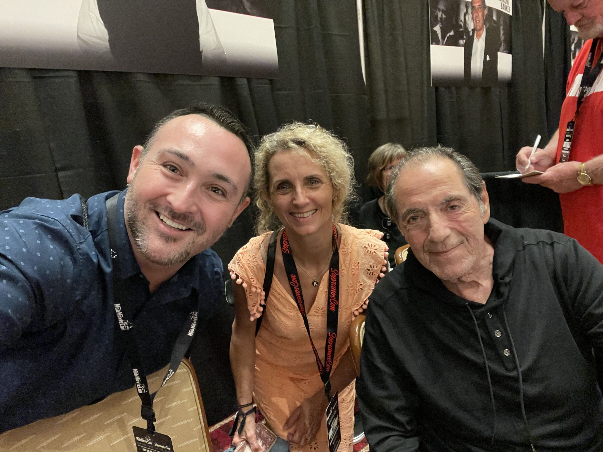 This is a photograph of Ryan Miner and Kimberly Miner with actor David Proval, who played Richie Aprile on The Sopranos.