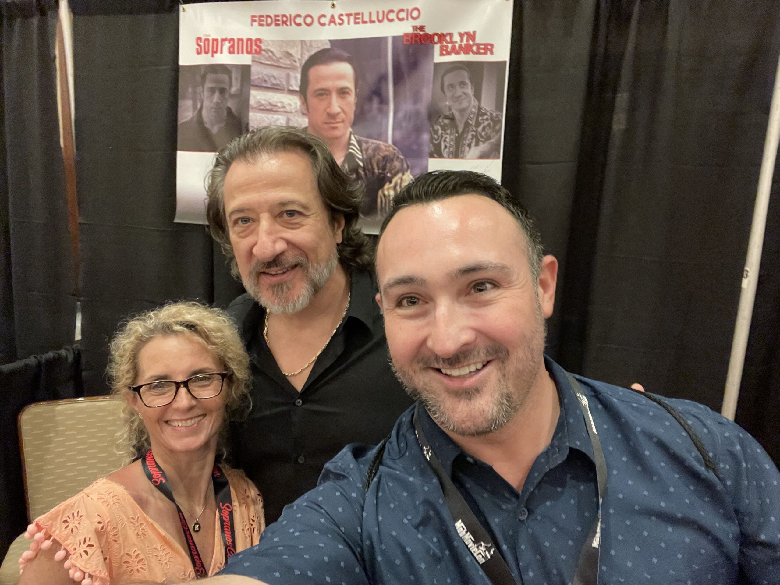 This is a photograph of Ryan Miner and Kim Miner pictured with Federico Castelluccio, who played Furio Giunta on The Sopranos.