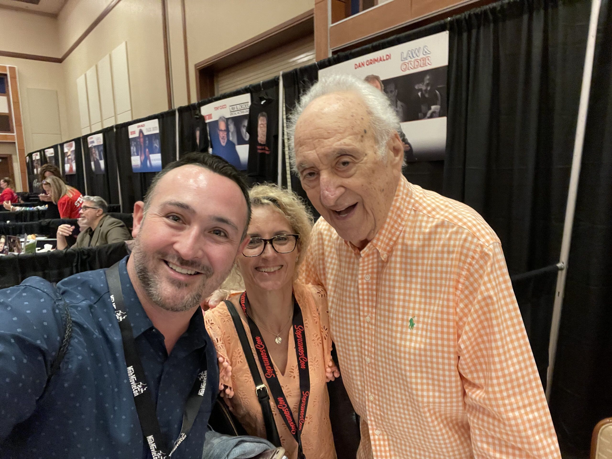 This is a photograph of Ryan Miner and Kim Miner pictured with actor Jerry Adler, who played Hesh Rabkin on The Sopranos.